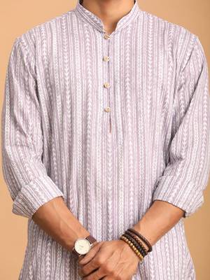 Purple And White Cotton Kurta And Pyjama Set 4