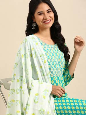 women's scoop neck ethnic motifs batik teal straight kurta and trouser 1