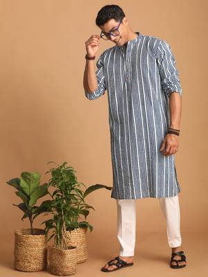 Indigo Blue And White Cotton Kurta And Pyjama Set 2