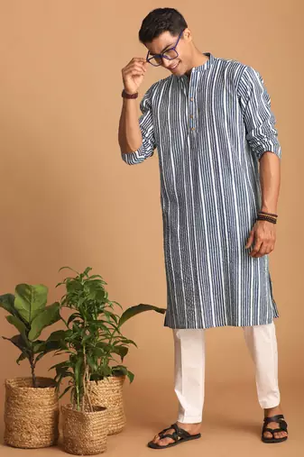 Indigo Blue And White Cotton Kurta And Pyjama Set