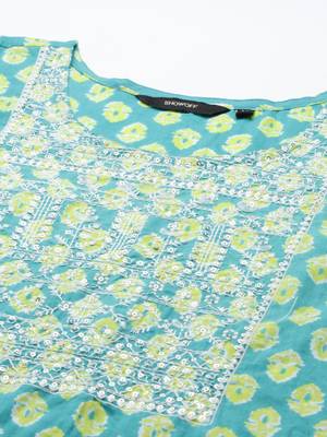 women's scoop neck ethnic motifs batik teal straight kurta and trouser 2
