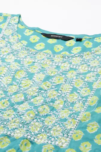 women's scoop neck ethnic motifs batik teal straight kurta and trouser