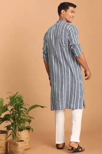Indigo Blue And White Cotton Kurta And Pyjama Set