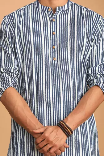 Indigo Blue And White Cotton Kurta And Pyjama Set