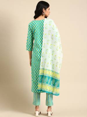 women's scoop neck ethnic motifs batik teal straight kurta and trouser 4