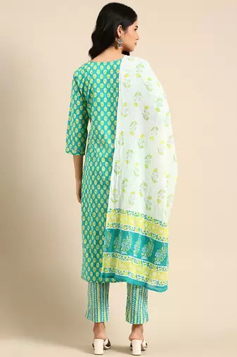 women's scoop neck ethnic motifs batik teal straight kurta and trouser