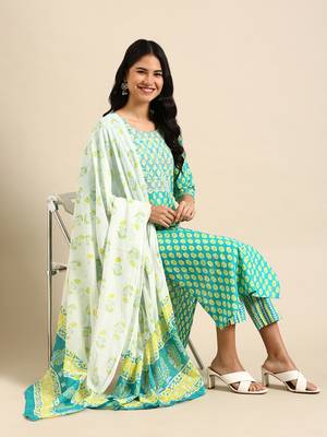 women's scoop neck ethnic motifs batik teal straight kurta and trouser 5