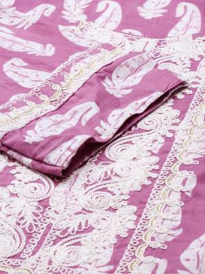 Showoff women's scoop neck paisley batik lavender straight kurta and trouser with dupatta 3