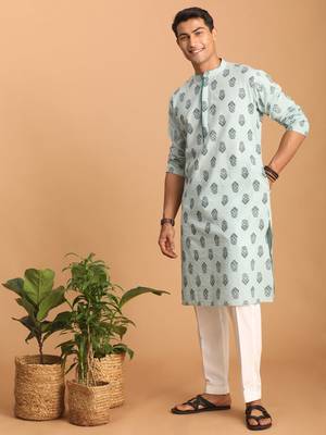 Aqua And White Cotton Kurta And Pyjama Set 1