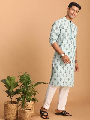Aqua And White Cotton Kurta And Pyjama Set 2