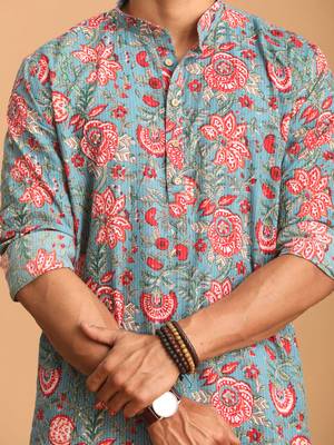 Aqua And White Cotton Kurta And Pyjama Set 3