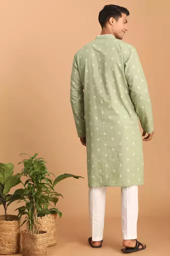 Men'S Green And White Cotton Kurta Pyjama Set