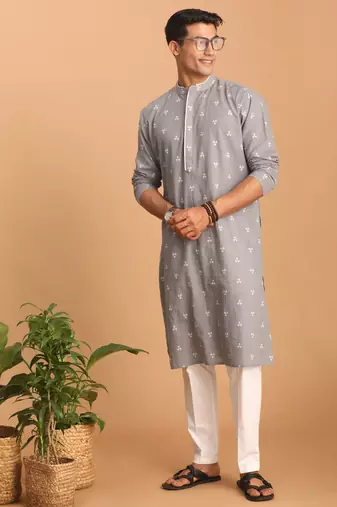 Grey And White Cotton Kurta Pyjama Set