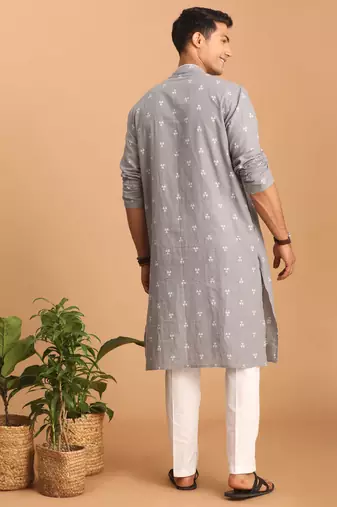 Grey And White Cotton Kurta Pyjama Set