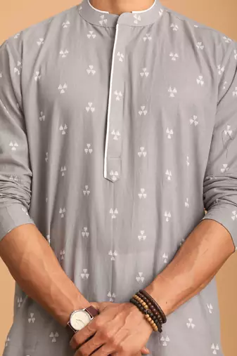 Grey And White Cotton Kurta Pyjama Set