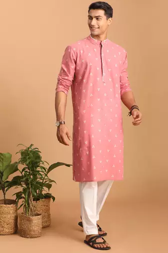 Pink And White Cotton Kurta Pyjama Set