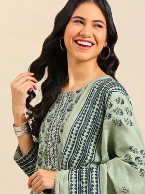 Showoff women's scoop neck ethnic motifs block print sea green straight kurta and trouser with dupatta 1