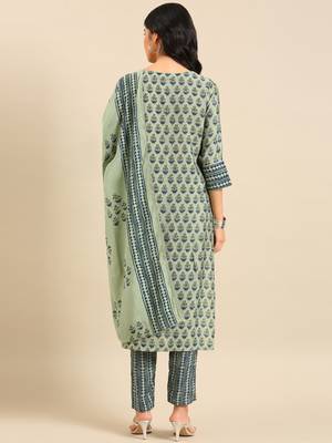 Showoff women's scoop neck ethnic motifs block print sea green straight kurta and trouser with dupatta 4