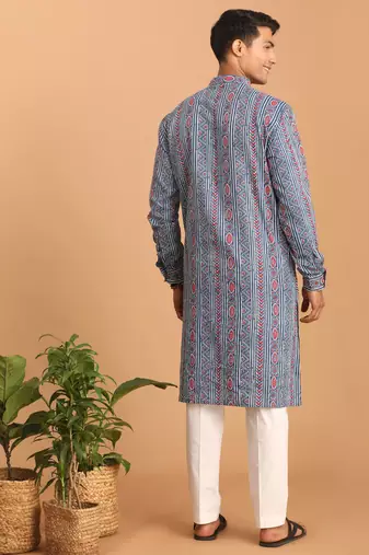 Indigo Blue White Cotton Kurta Pyjama Set