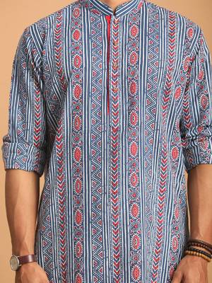 Indigo Blue White Cotton Kurta Pyjama Set 4