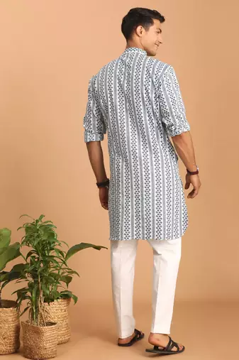 White And Blue Cotton Kurta Pyjama Set