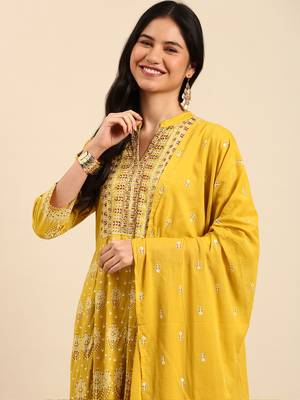 women's mandarin collar ethnic motifs block print mustard anarkali kurta and trouser with dupatta 1