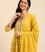women's mandarin collar ethnic motifs block print mustard anarkali kurta and trouser with dupatta