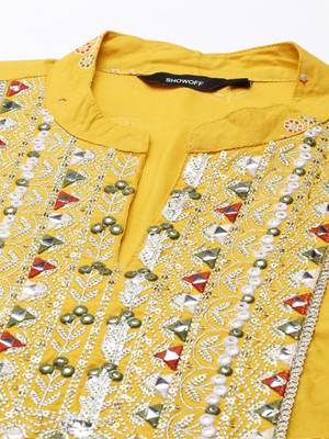 women's mandarin collar ethnic motifs block print mustard anarkali kurta and trouser with dupatta 2