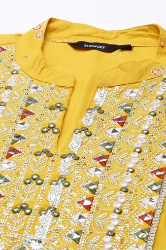 women's mandarin collar ethnic motifs block print mustard anarkali kurta and trouser with dupatta