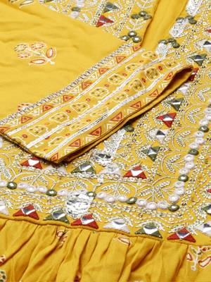 women's mandarin collar ethnic motifs block print mustard anarkali kurta and trouser with dupatta 3