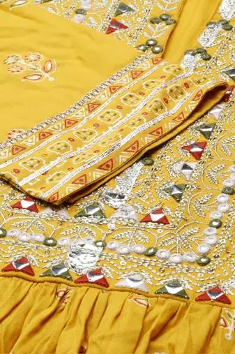 women's mandarin collar ethnic motifs block print mustard anarkali kurta and trouser with dupatta