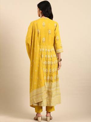 women's mandarin collar ethnic motifs block print mustard anarkali kurta and trouser with dupatta 4