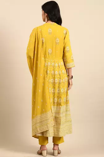 women's mandarin collar ethnic motifs block print mustard anarkali kurta and trouser with dupatta