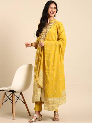women's mandarin collar ethnic motifs block print mustard anarkali kurta and trouser with dupatta 5