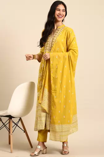 women's mandarin collar ethnic motifs block print mustard anarkali kurta and trouser with dupatta