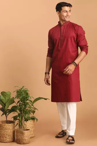 Maroon And White Cotton Blend Kurta Pyjama Set