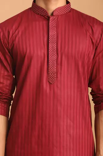 Maroon And White Cotton Blend Kurta Pyjama Set