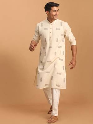 Cream Cotton Kurta Pyjama Set 1