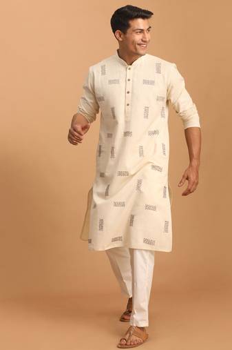 Men'S Cream Cotton Kurta Pyjama Set