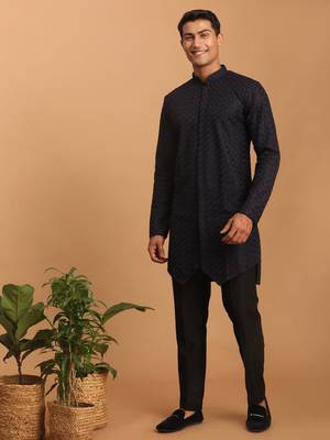 Navy Blue And Black Silk Blend Kurta Pyjama Set 1
