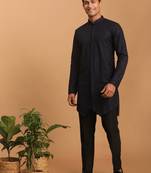 Navy Blue And Black Silk Blend Kurta Pyjama Set
