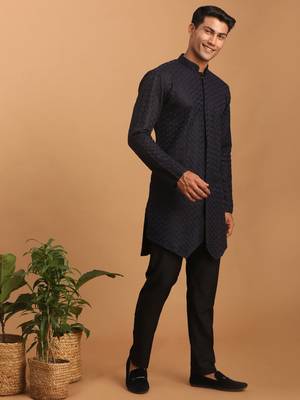 Navy Blue And Black Silk Blend Kurta Pyjama Set 2