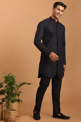 Navy Blue And Black Silk Blend Kurta Pyjama Set