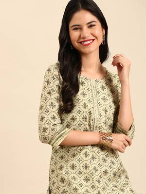 Showoff women's scoop neck ethnic motifs block print olive straight kurta and trouser 1