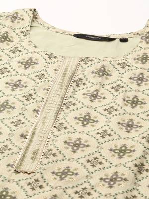 Showoff women's scoop neck ethnic motifs block print olive straight kurta and trouser 2