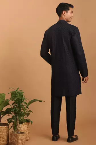 Navy Blue And Black Silk Blend Kurta Pyjama Set