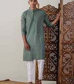 Green And White Cotton Kurta Pyjama Set