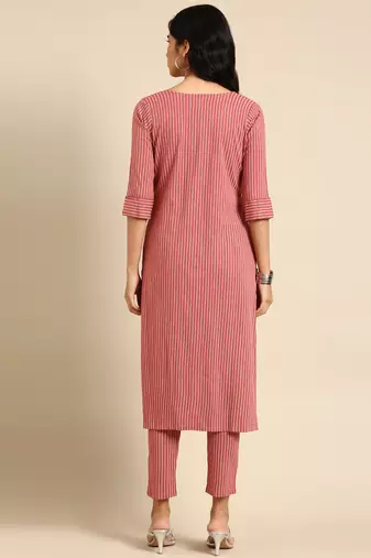 Showoff women's scoop neck striped block print mauve straight kurta and trouser