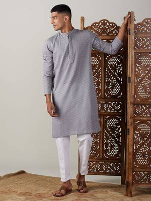 Grey And White Cotton Kurta Pyjama Set 1
