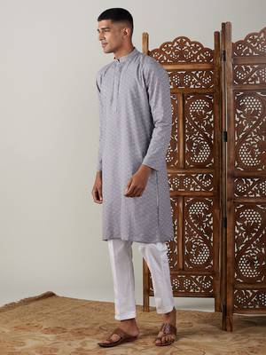 Grey And White Cotton Kurta Pyjama Set 2